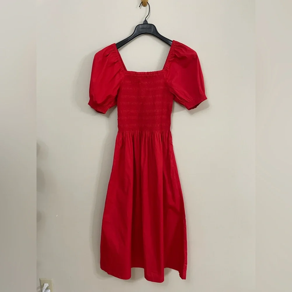Madewell Smocked Puff Sleeve Midi Dress in Poplin NWT Size XS